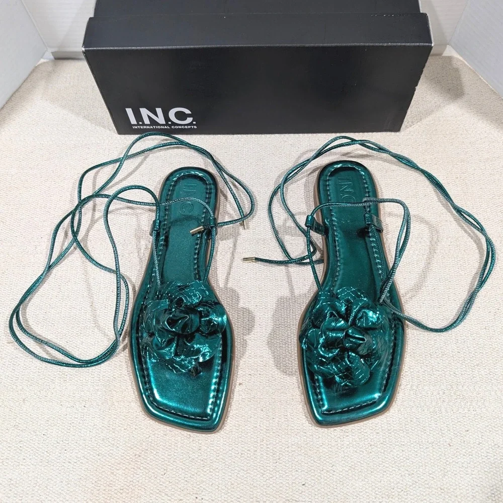 INC International Concepts Emerald Green Metallic Rosette Lace up Sandals 7.5M